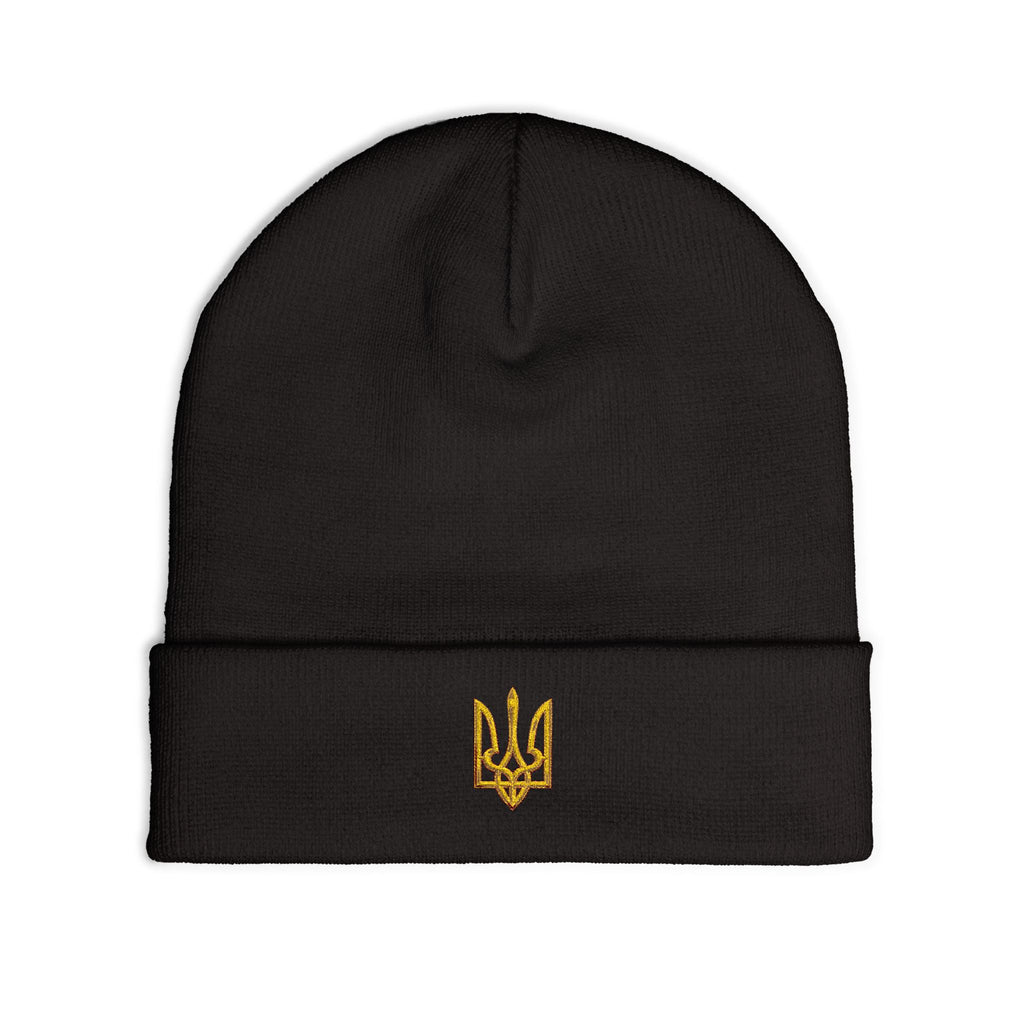 Embroidered Trident Knit Beanie — Ukrainian Tryzub Winter Hat