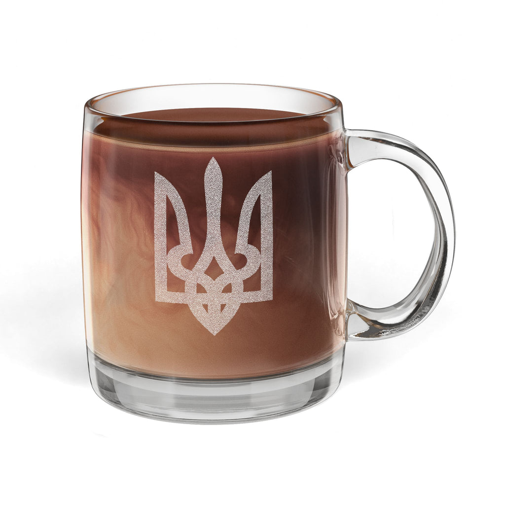 Engraved Glass Coffee Mug — Ukrainian Trident (Tryzub) Design, 12.25 oz