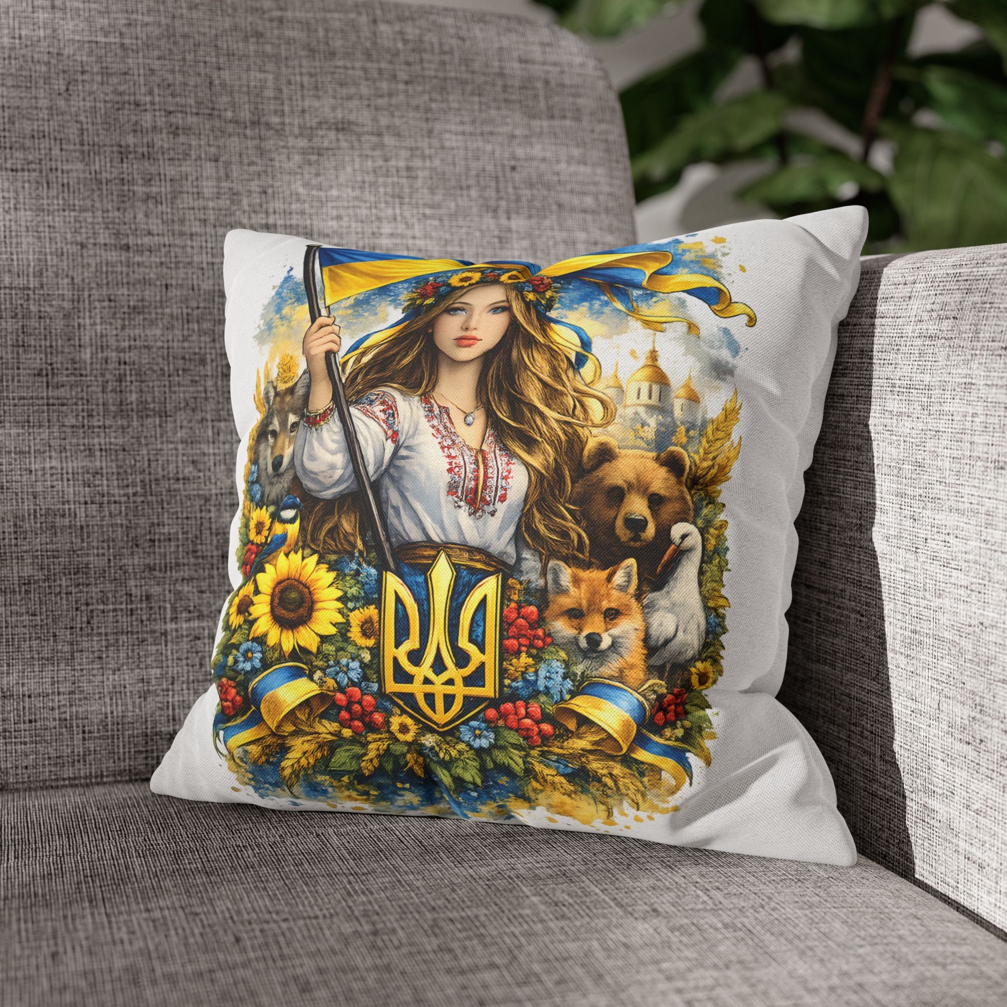 Ukrainian Pride Decorative Pillowcase — Woman with Flag & Tryzub Design