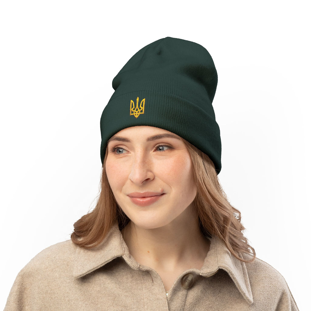 Embroidered Trident Knit Beanie — Ukrainian Tryzub Winter Hat