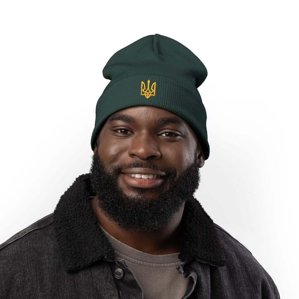 Embroidered Trident Knit Beanie — Ukrainian Tryzub Winter Hat