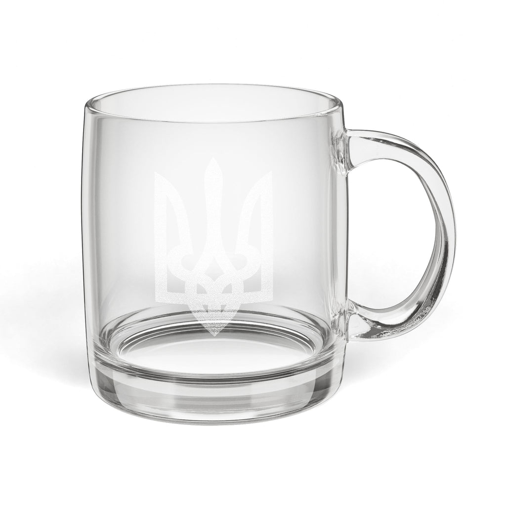 Engraved Glass Coffee Mug — Ukrainian Trident (Tryzub) Design, 12.25 oz