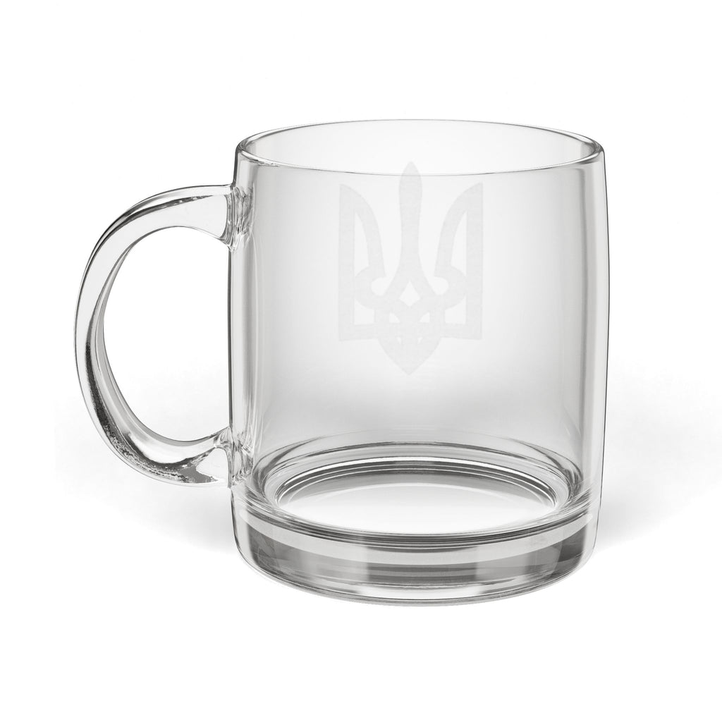 Engraved Glass Coffee Mug — Ukrainian Trident (Tryzub) Design, 12.25 oz