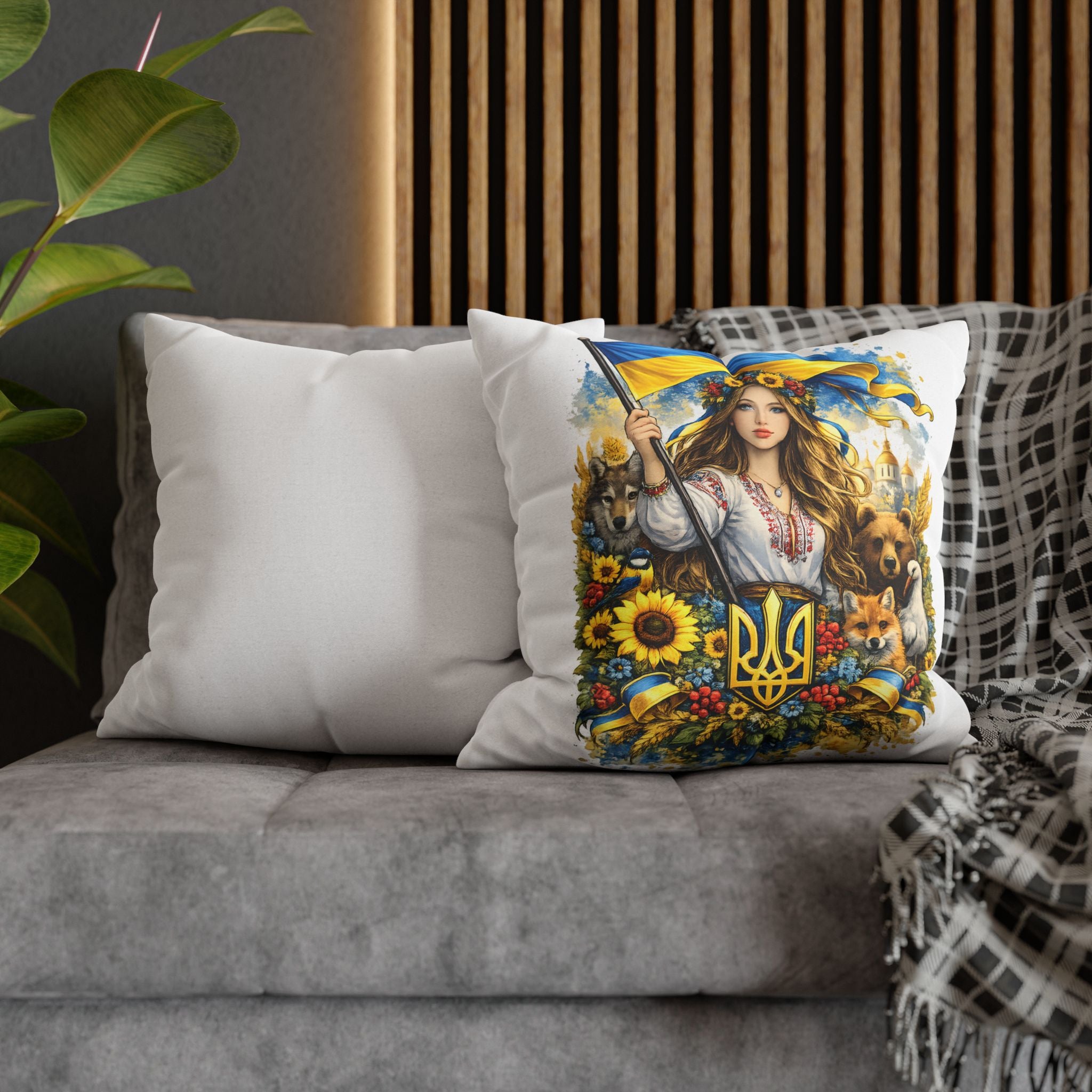 Ukrainian Pride Decorative Pillowcase — Woman with Flag & Tryzub Design