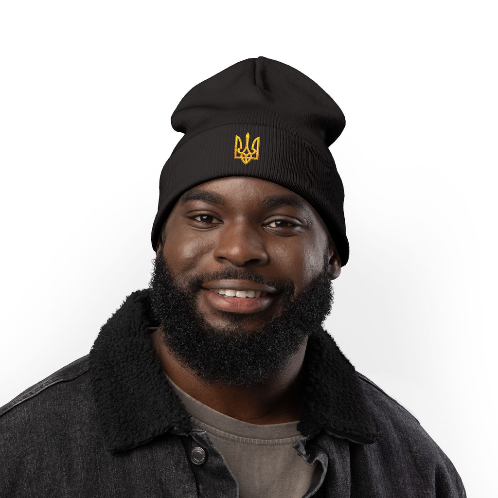 Embroidered Trident Knit Beanie — Ukrainian Tryzub Winter Hat
