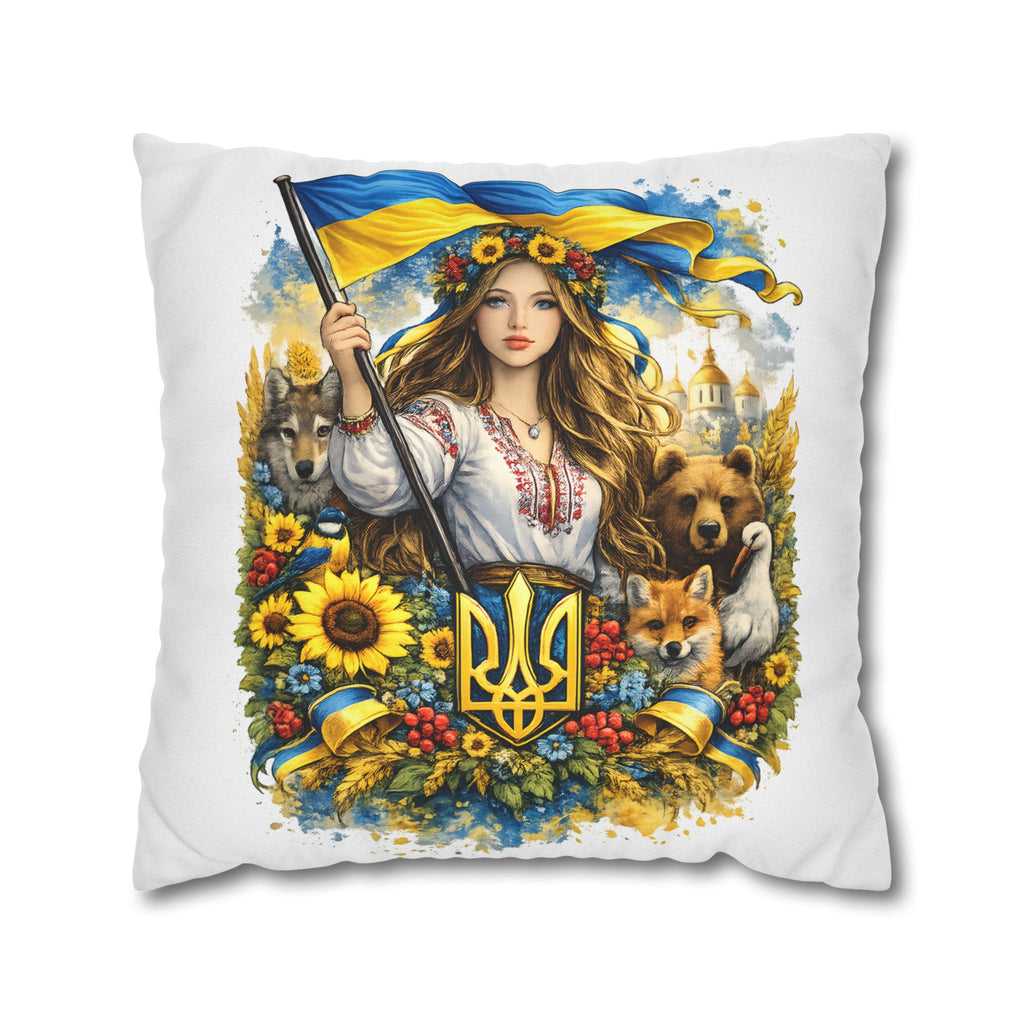 Ukrainian Pride Decorative Pillowcase — Woman with Flag & Tryzub Design