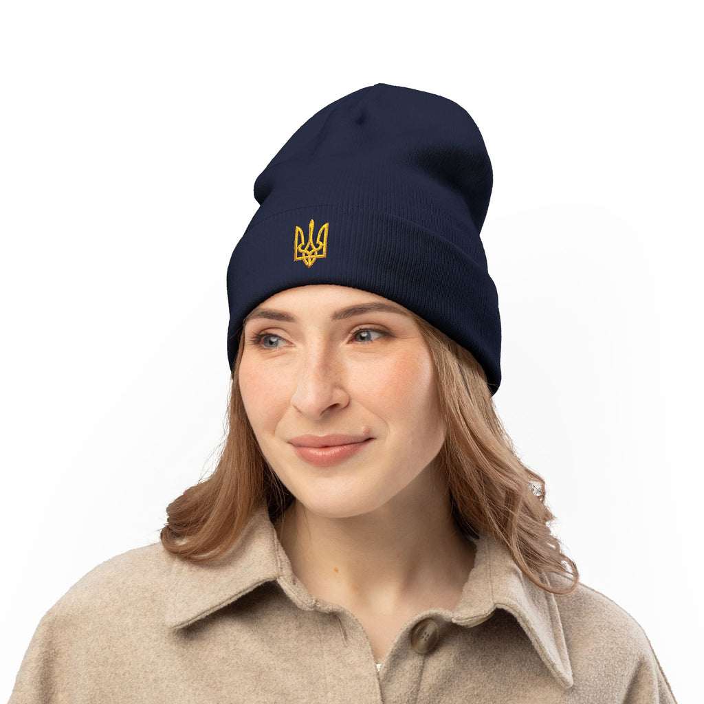 Embroidered Trident Knit Beanie — Ukrainian Tryzub Winter Hat