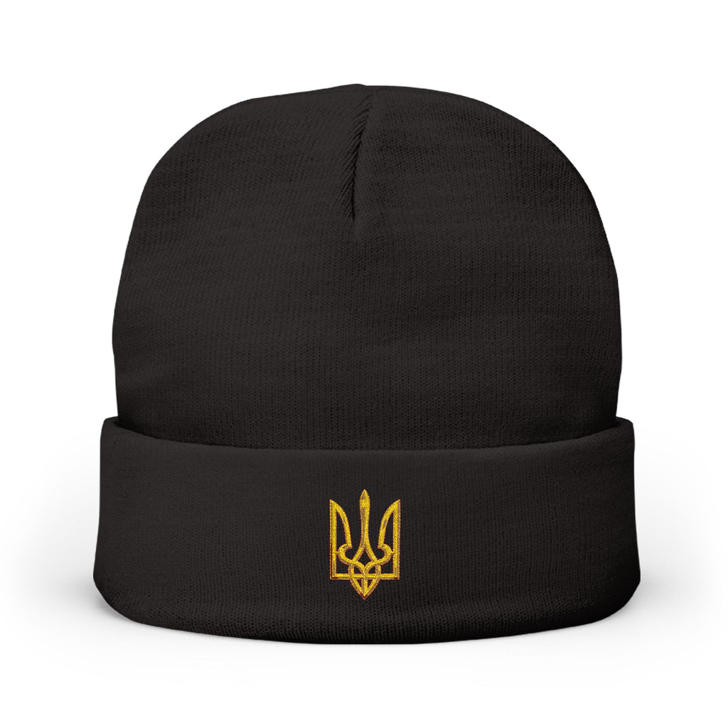 Embroidered Trident Knit Beanie — Ukrainian Tryzub Winter Hat