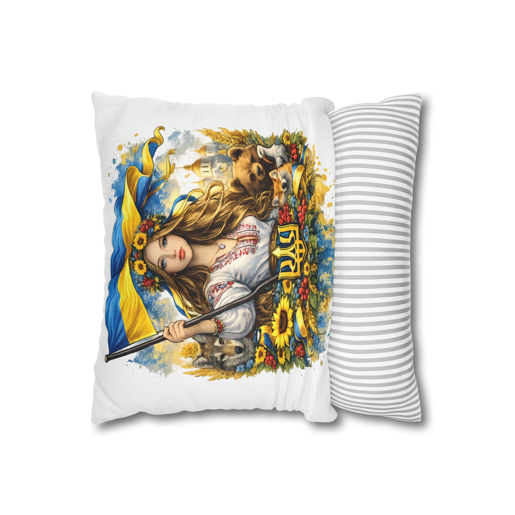 Ukrainian Pride Decorative Pillowcase — Woman with Flag & Tryzub Design