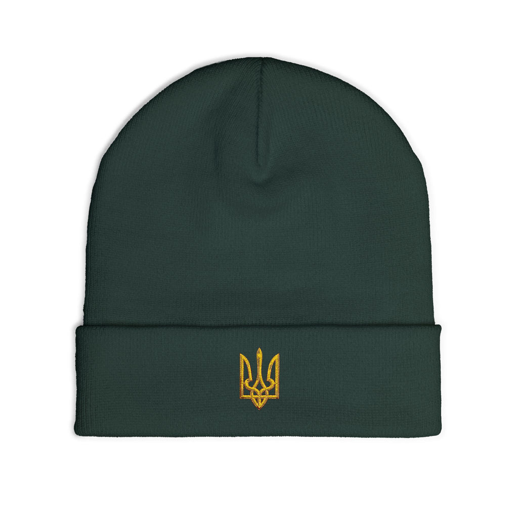 Embroidered Trident Knit Beanie — Ukrainian Tryzub Winter Hat