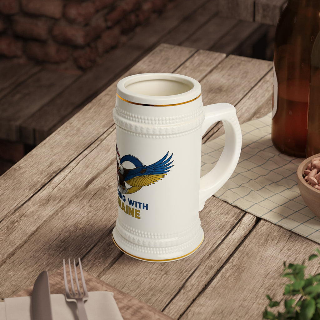 Standing With Ukraine Beer Stein Mug — Patriotic Eagle, US & Ukraine Flags