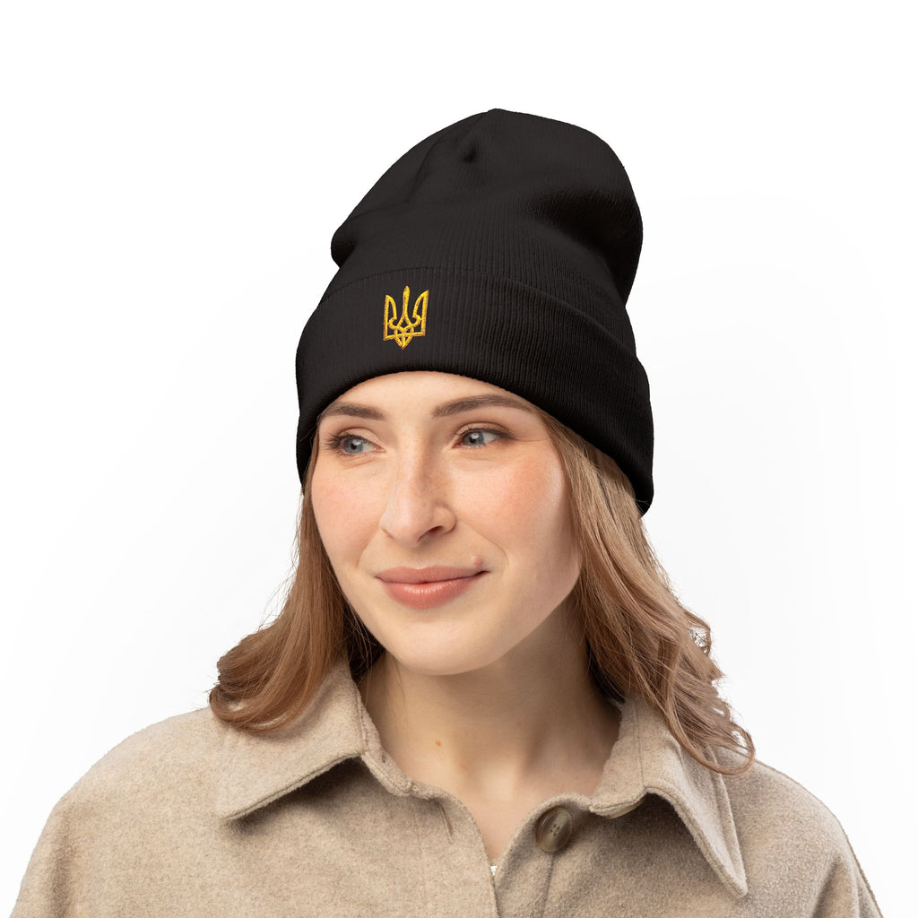 Embroidered Trident Knit Beanie — Ukrainian Tryzub Winter Hat
