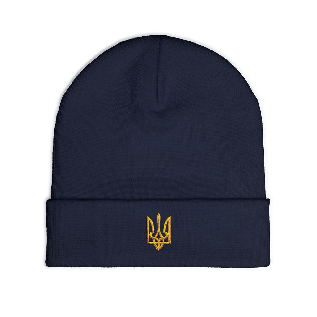 Embroidered Trident Knit Beanie — Ukrainian Tryzub Winter Hat