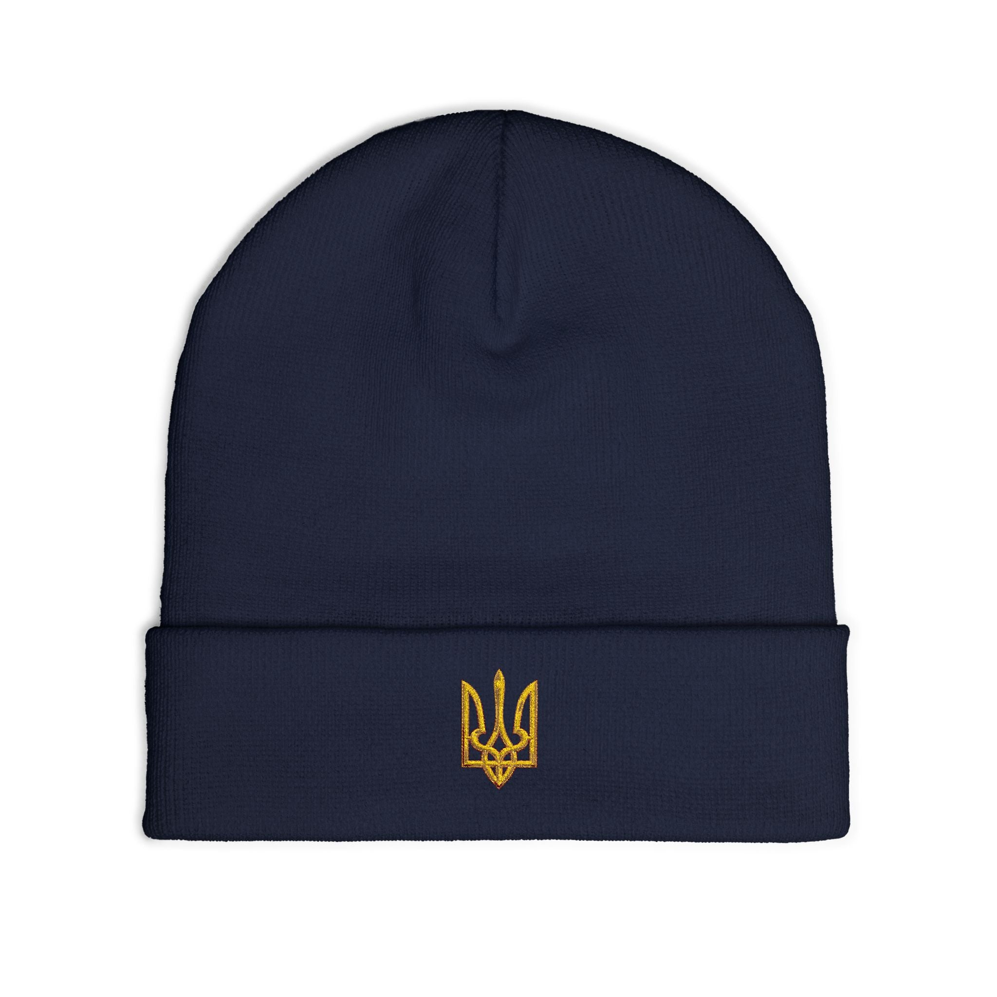 Embroidered Trident Knit Beanie — Ukrainian Tryzub Winter Hat