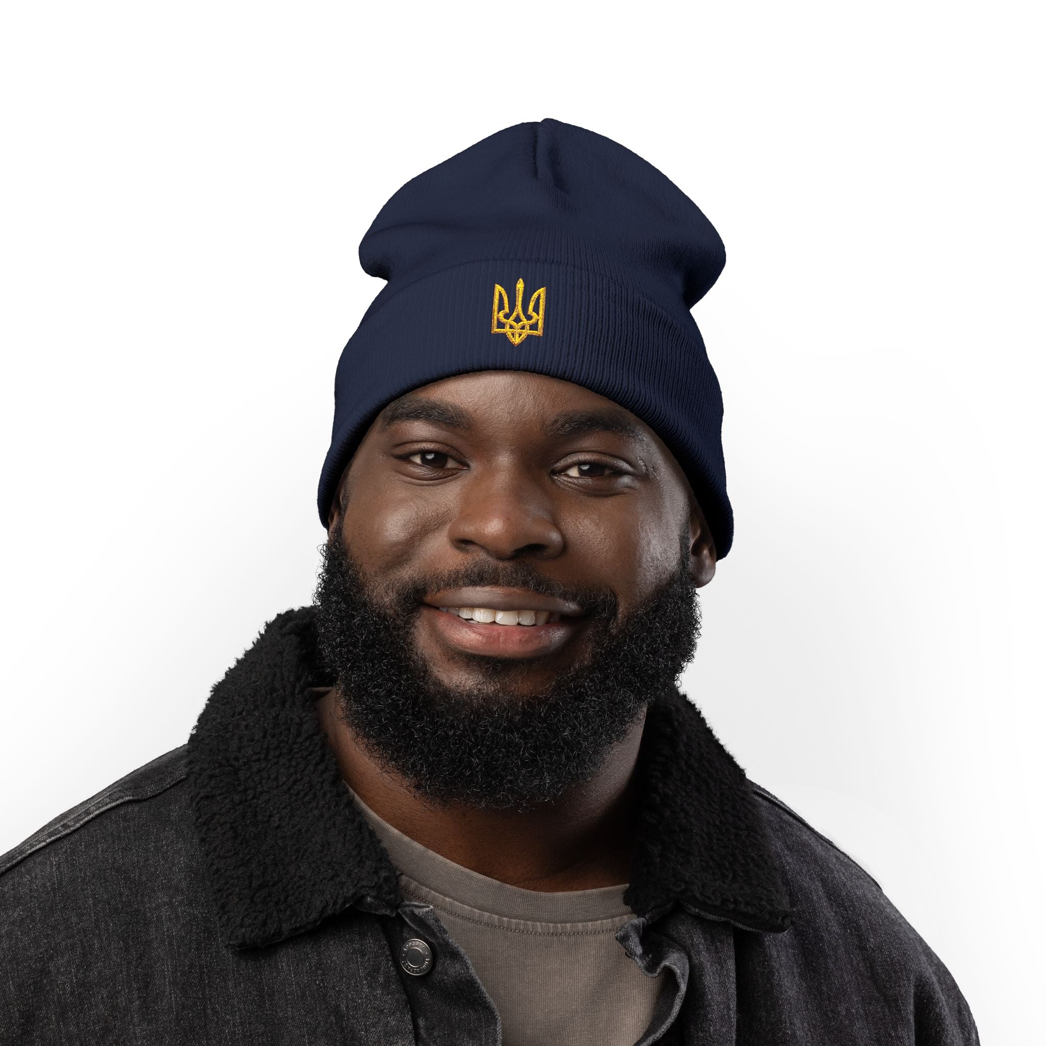 Embroidered Trident Knit Beanie — Ukrainian Tryzub Winter Hat